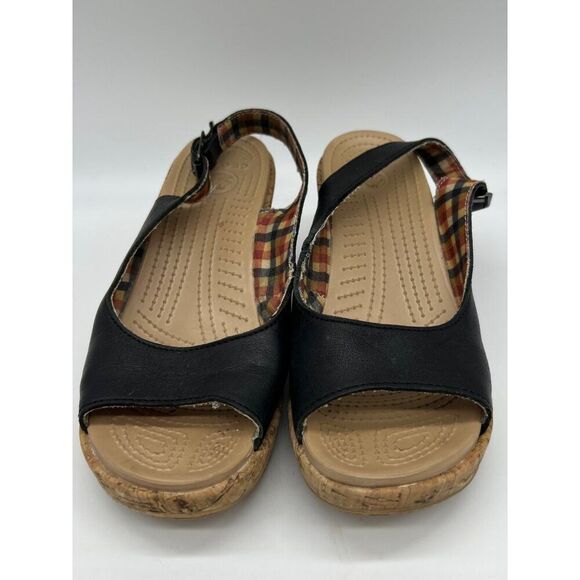 Crocs A-Leigh Women Black Leather Slingback Cork Wedge Sandals Size W8 - Picture 3 of 7